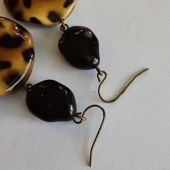 Leopard spots earrings black brown safari cheetah cat tan gold tone - Picture 5 of 7